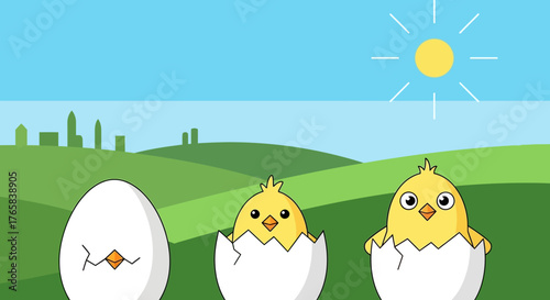 Growth cycle of cute chicks hatching, development, and a sunny day in the meadow
