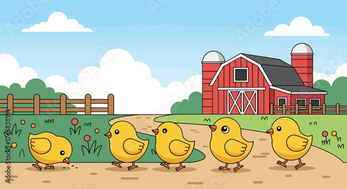 Chicks in a Row A Charming Farmyard Scene with Baby Chickens and a Barn