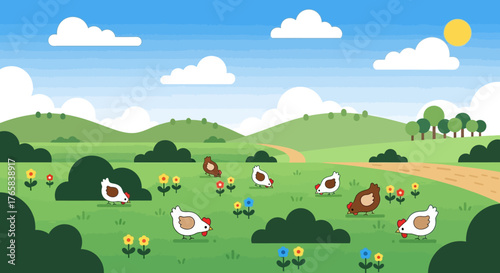 A peaceful meadow scene with chickens roaming, evoking rural charm and a sense of lightheartedness