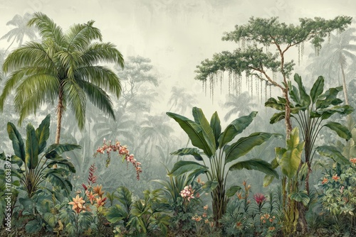 Lush tropical forest scene with palms, foliage, and flowers. Soft, muted colors