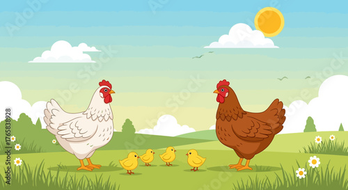 Sunny Rural Scene with Happy Hens and Chicks A Vibrant Illustration of Farm Animal Life in a Green Meadow Under a Clear Sky, Embodying Tranquil Countryside Bliss