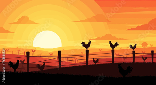 Roosters Crowing at Sunrise Over a Rural Farm Landscape with Silhouetted Chickens and Fences