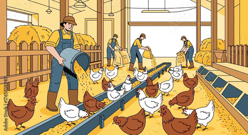 Farm workers feeding chickens in a barn, a busy rural agricultural scene