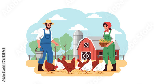 Happy farmers feeding chickens on a picturesque rural farm, depicting sustainable agriculture and animal care with a vibrant, cheerful atmosphere