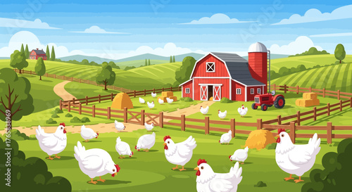 Vibrant cartoon farm scene with chickens grazing in a sunny meadow, featuring a red barn, tractor, and rolling hills