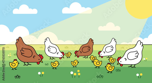 A cheerful cartoon illustration of a mother hen and her chicks pecking for food in a sunny meadow, symbolizing family and nurturing