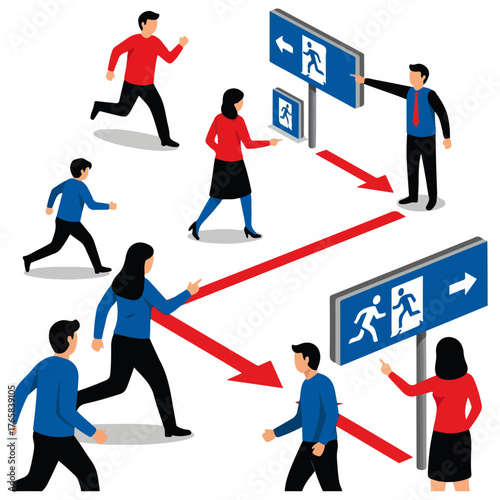 Isometric People with Exit Signs and Directional Arrows