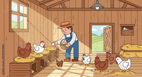 Farmer Collecting Eggs in Chicken Coop Illustration