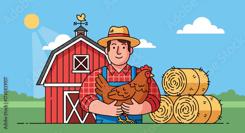Happy Farmer Holding Chicken in front of Barn with Hay Bales and Sunny Sky
