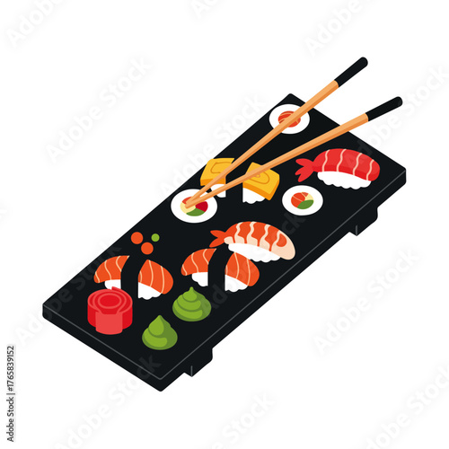 Isometric Sushi Platter with Chopsticks, Food Illustration