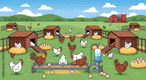 A vibrant cartoon illustration of a bustling chicken farm, depicting happy hens and roosters roaming among coops, laying fresh eggs in a picturesque rural landscape