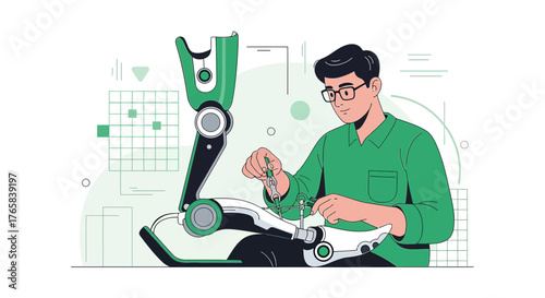 Engineer meticulously working on a cutting-edge prosthetic limb with precision tools and designs