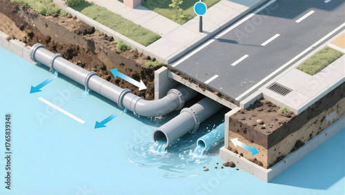 Urban drainage pipe system with water flow, underground tunnel, road, soil layers, sponge city concept visualized clearly and calmly