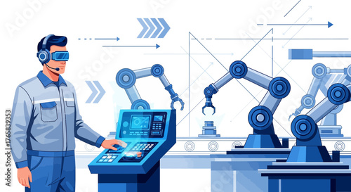 Engineer orchestrating robotic assembly line with advanced virtual reality technology interface
