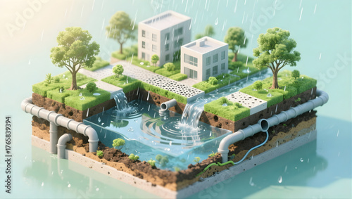 Sustainable sponge city model with rainwater green roof street drain retention pond trees modern block eco design soft light hopeful mood
