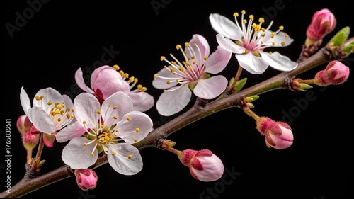 A close-up of delicate pink and white cherry blossoms on a dark background, showcasing the intricate details of the flowers and buds.