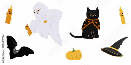 halloween ghost spirit with pumpkin and witch hat isolated vector illustration