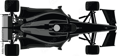 Top-down silhouette of Formula 1 race car with driver, black vector illustration for motorsport, speed, engineering, and racing concept