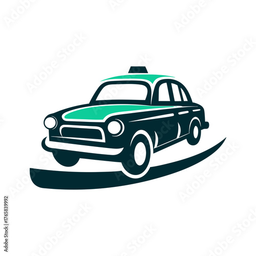 Stylized Taxi Cab Illustration on White Background A bright yellow taxi cab appears mid-turn on a solid amber plane