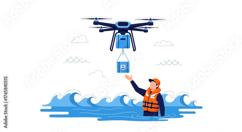 Futuristic aid delivery system with drone and man in water for emergency situations