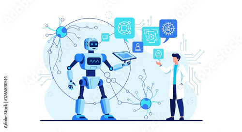Futuristic collaboration between scientist and advanced robot symbolizing technological advancement