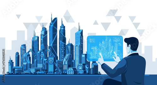 Futuristic city planning on a digital interface with advanced technology and engineering design