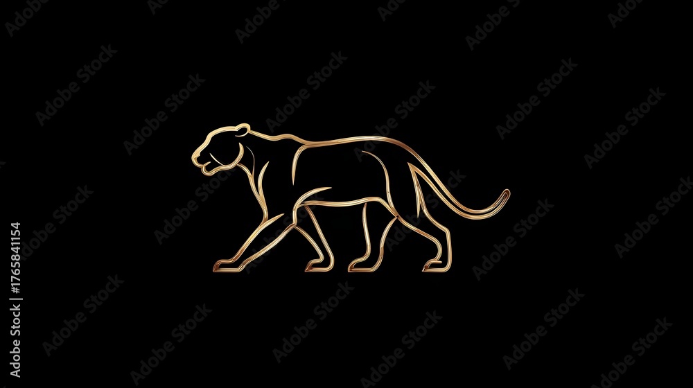 Fototapeta premium Elegant jaguar silhouette logo with thin lines, gold on dark background. Concept: Branding, luxury logo design, intelligence and creativity symbolism, minimalism, modern and premium brand identity.