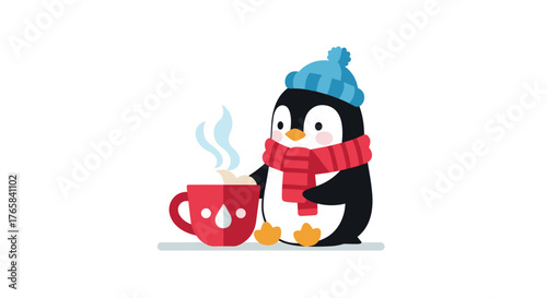Penguin enjoying hot cocoa while sitting in winter attire  