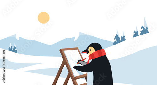 Penguin sketching in snowy landscape under the sun in winter  