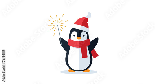 Penguin in Christmas hat holding sparkler while smiling joyfully  