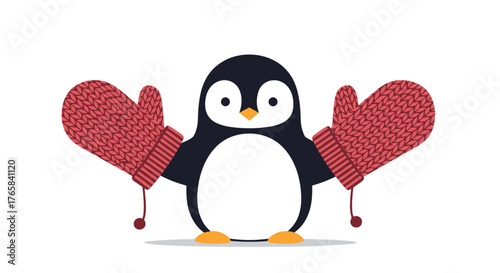 Penguin wearing oversized red knitted mittens with cheerful expression  
