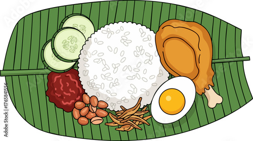Flat Vector Illustration of Traditional Nasi Lemak on Banana Leaf Top View