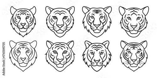 Collection of eight stylized tiger head illustrations in a clean black and white line art style