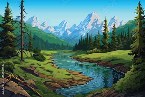 Green hill landscape background national park with grass and river for nature and outdoor concept