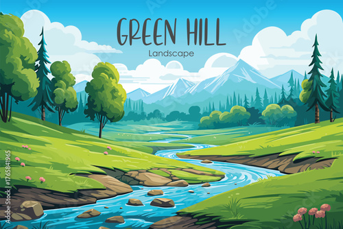 Green hill landscape background national park with grass and river for nature and outdoor concept