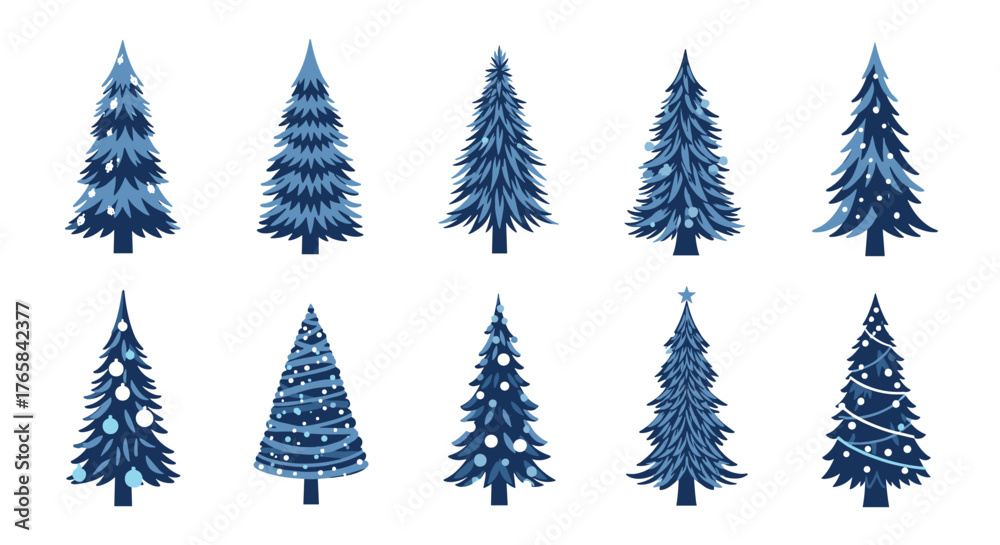 Obraz premium Collection of blue Christmas trees with various decorations on white background.