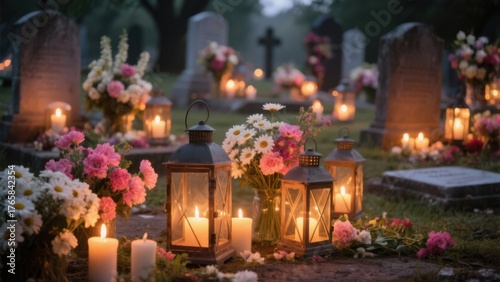 Candlelit cemetery scene with flowers and lanterns at dusk