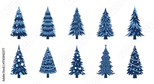 Collection of blue Christmas trees with various decorations on white background.