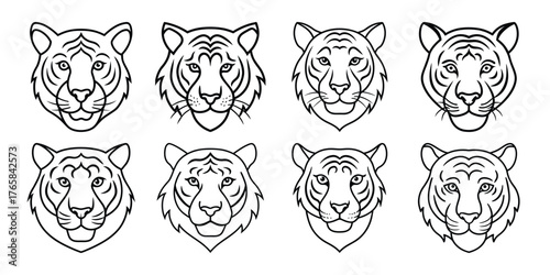 Collection of eight stylized tiger head illustrations in a simple black and white line art style