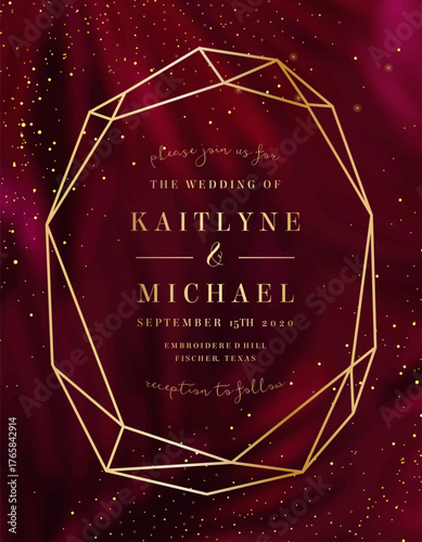 Bright magenta tropical leaves foliage vector background. Burgundy red wedding invitation frame. Art deco card with gold geometric ornament. Wine colored save the date. Elegant party template