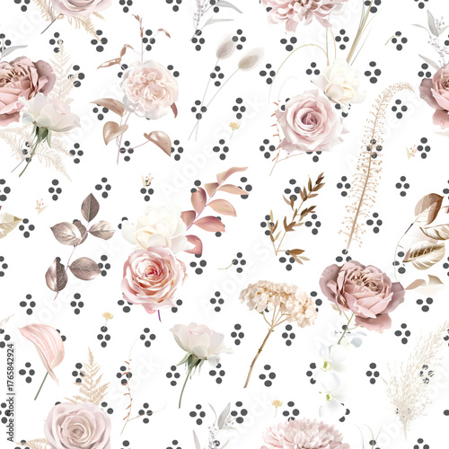 Boho beige and blush trendy vector design seamless print. Pastel pampas grass, ivory hydrangea, pink roses, dusty pink lagurus, dried leaf. Dotted blush floral. Elements are isolated and editable