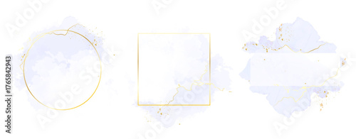 Trendy simple logo design vector backgrounds. Golden line art, watercolor style texture splash. Delicate violet color cards. Painted handdrawn spot.Elegant decoration detail. Isolated and editable