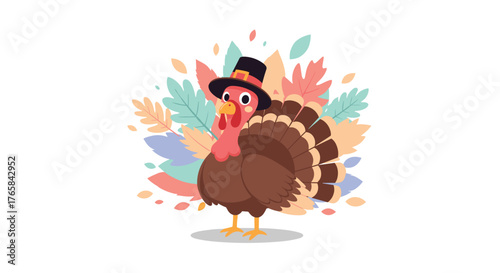 Cartoon turkey character wearing a black pilgrim hat for Thanksgiving.