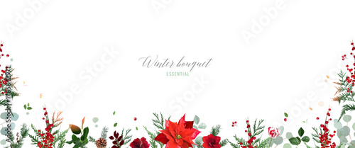 Christmas poinsettia, emerald greenery, red berry, cedar, spruce tree branch vector design frame. Winter celebration wedding or new year party invitation card. Watercolor style. Isolated and editable
