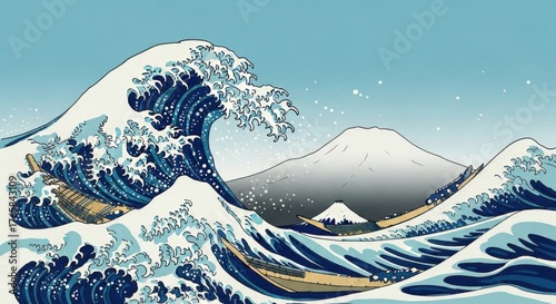 Fototapeta Naklejka Na Ścianę i Meble -  Majestic wave crashes with boats and Mount Fuji distant serene seascape