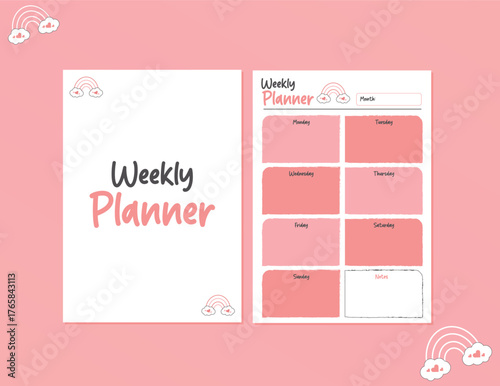 Cute Pink Weekly Planner Template with Rainbow and Cloud Accents