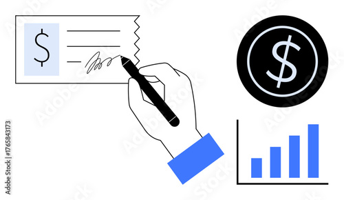 Hand writing on a check, dollar coin icon, and bar chart in minimalist style. Ideal for finance, banking, investment, payment, accounting economy business. Clean and simple flat metaphor