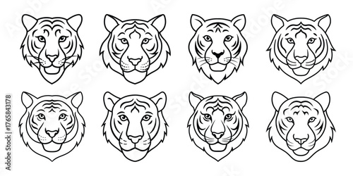 Collection of eight stylized line art tiger head portraits in a grid pattern