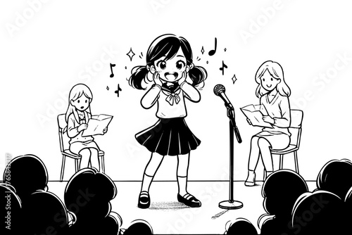 Cartoon drawing of three girls singing on stage. One girl is holding a microphone. The other two girls are sitting in chairs