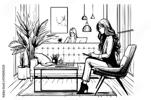 Woman is sitting in a chair in front of a table with a laptop. She is typing on the laptop